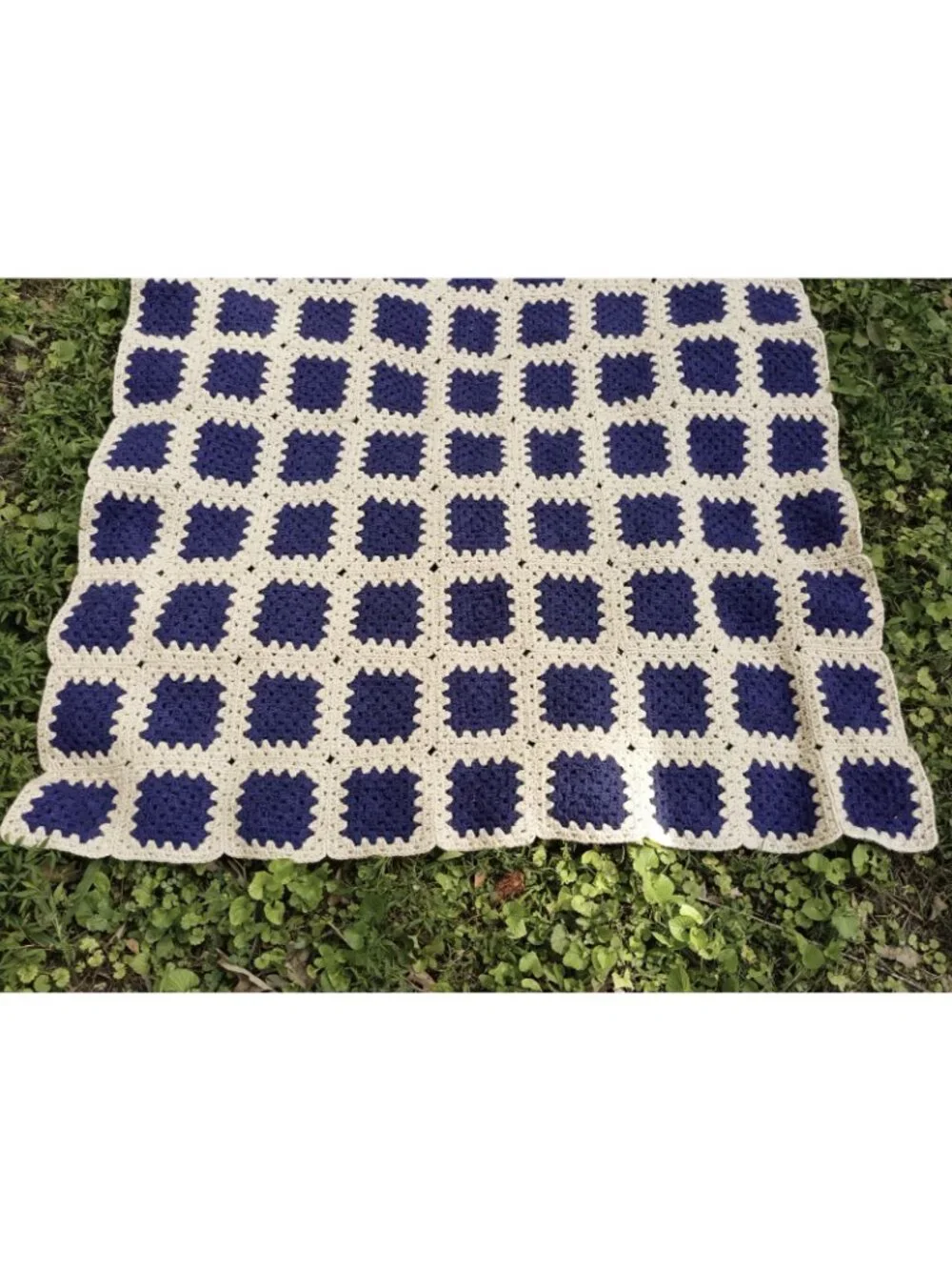 Handmade Heavy Crotchet Granny Square Afghan Blanket 84 x 63 Navy Blue Beige